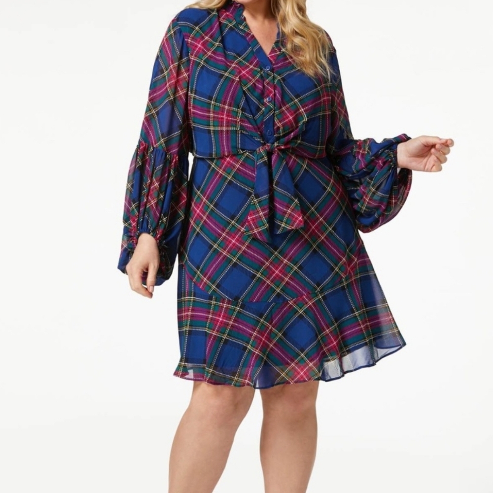 Women's Prairie Plaid Tie Waist Midi Long Sleeve Dress Cato  XL